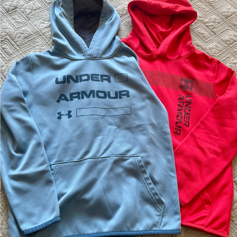 2x hoodies Under Armour Light Blue and Bright Red Hoodies. Size YLG